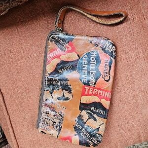 Gorgeous PATRICIA NASH leather travel sticker designed zippered clutch purse